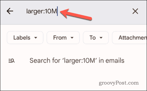 Définir des critères de taille d'e-mail dans la barre de recherche Gmail sur mobile