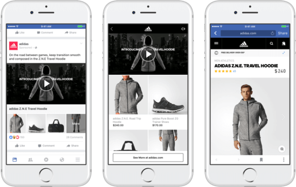 Avec le nouveau format d'annonce de collection de Facebook, les marques peuvent présenter une vidéo ou une image principale menant à une expérience d'achat immersive et à chargement rapide sur Facebook. 