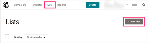 Dans Mailchimp, cliquez sur l'onglet Listes en haut de la page principale, puis cliquez sur Créer une liste sur le côté droit de l'écran.