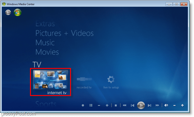 Windows 7 Media Center - cliquez sur internet tv