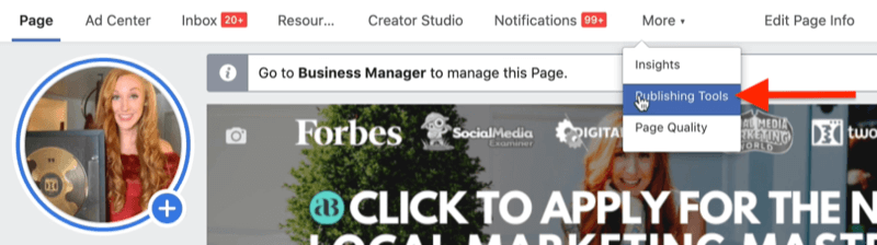 exemple de page d'entreprise Facebook dans le gestionnaire d'entreprise Facebook avec l'option de menu des outils de publication en surbrillance