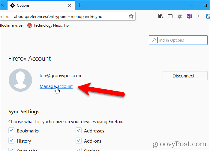 Cliquez sur Gérer le compte dans Firefox pour Windows