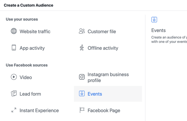 Comment promouvoir votre événement en direct sur Facebook, étape 10, créer une audience personnalisée dans Facebook Ads Manager en fonction des pages vues de l'événement