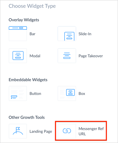 Sélectionnez l'outil de croissance d'URL de référence Messenger dans ManyChat.