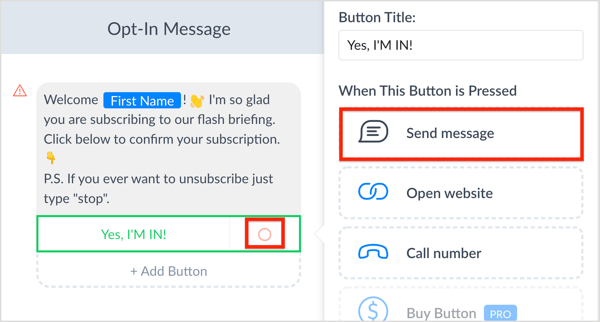 Cliquez sur le bouton d'option à côté de votre bouton d'appel à l'action, puis sur Envoyer un message.