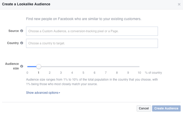 Vous verrez ces options lorsque vous créez une audience similaire à Facebook.