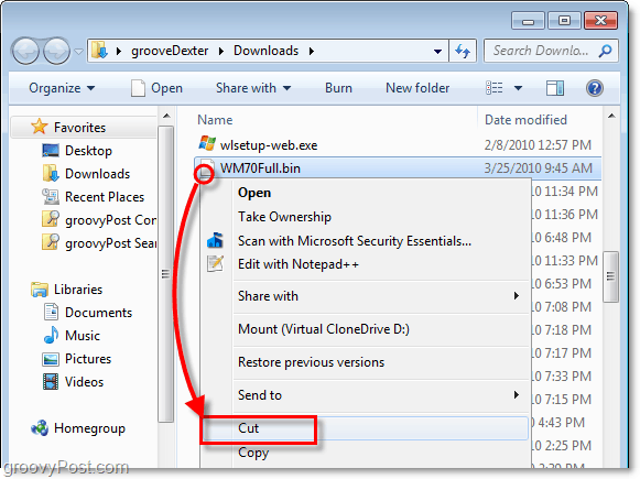 déplacer le fichier bin déverrouillé vers un nouveau dossier dans Windows 7 en utilisant couper