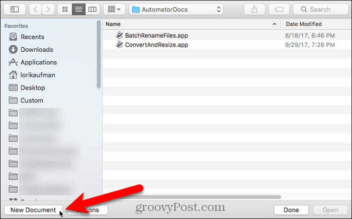 Cliquez sur Nouveau document dans Automator sur Mac