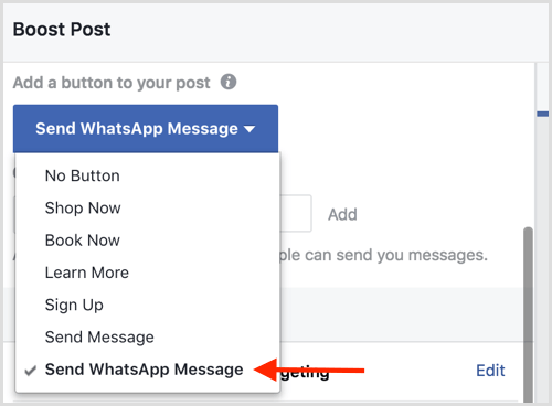 Sélectionnez l'option Envoyer un message WhatsApp lorsque vous augmentez une publication Facebook.