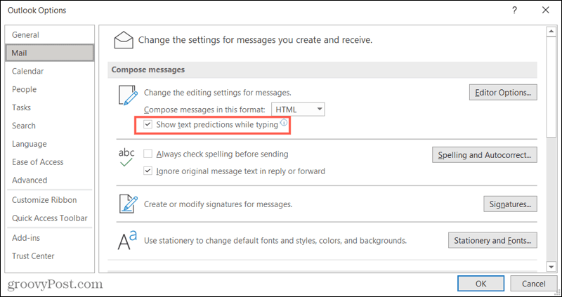 Activer les prédictions de texte dans Outlook sur Windows