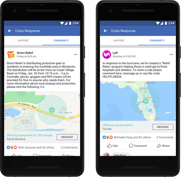Facebook a annoncé que les organisations et les entreprises peuvent désormais publier dans l'aide de la communauté et fournir des informations et des services essentiels pour que les gens puissent obtenir l'aide dont ils ont besoin en cas de crise.