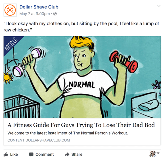 Dollar Shave Club partage un contenu pertinent et intelligent sur sa page commerciale Facebook.