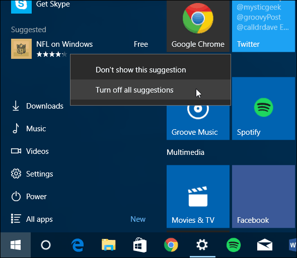 Menu Démarrer de Windows 10 Désactiver les applications suggérées