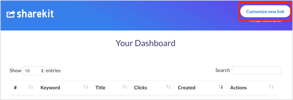 Cliquez sur le bouton Personnaliser le nouveau lien dans ShareKit.