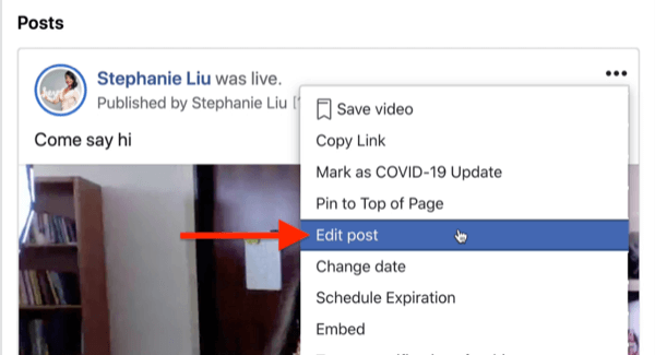 option pour modifier la publication du flux en direct facebook sous le menu à trois points dans le coin supérieur droit de la publication de flux