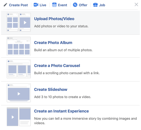 Comment configurer Facebook Premiere, étape 2, option de téléchargement de photo / vidéo