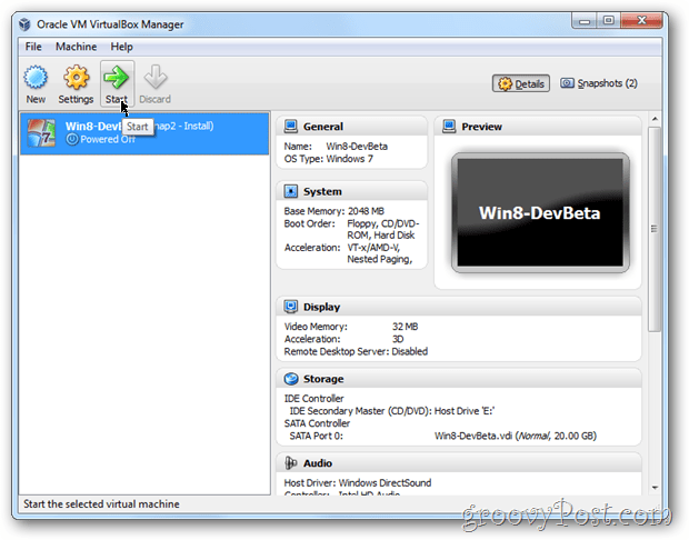 VirtualBox Windows 8 démarre VM