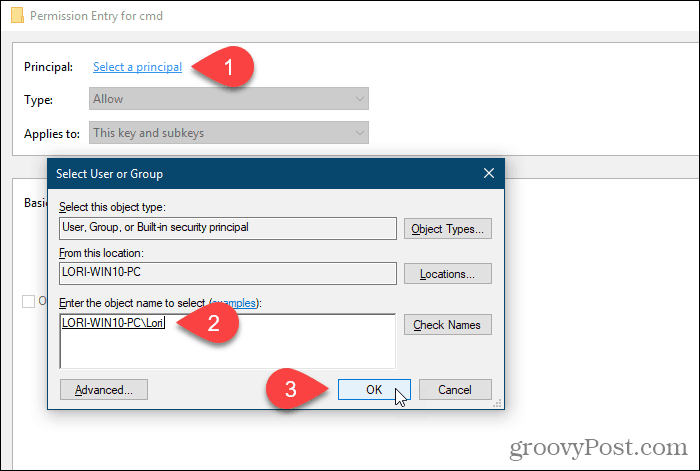 Cliquez sur Sélectionner un principal et sélectionnez un utilisateur ou un groupe pour les autorisations dans le Registre Windows