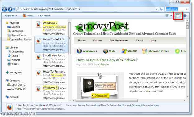 utilisez le volet de prévisualisation de windows 7 pour afficher des sites Web via le connecteur de recherche dans votre fenêtre d'explorateur