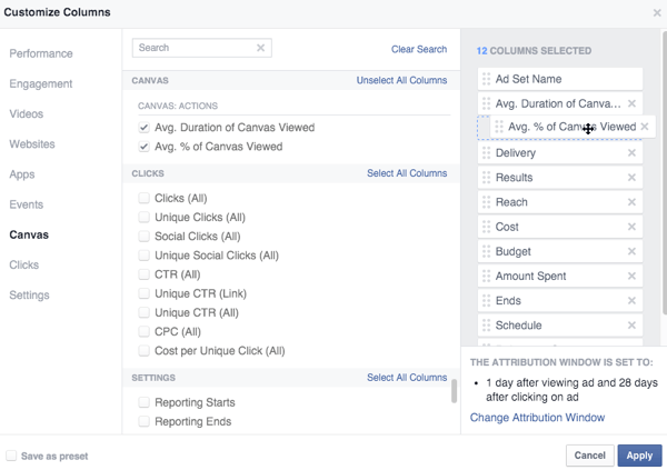 options de métrique du canevas facebook