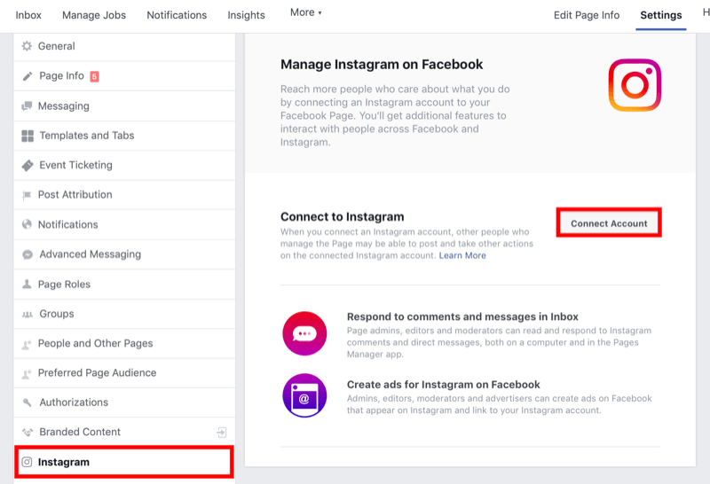 comment connecter la page Facebook au compte professionnel Instagram dans les paramètres de la page Facebook