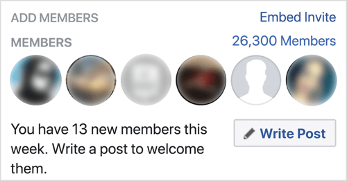 Cliquez sur Écrire un message pour accueillir les nouveaux membres du groupe Facebook.