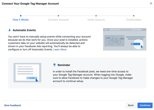 Utilisez Google Tag Manager avec Facebook, étape 6, bouton Continuer lors de la connexion de Google Tag Manager à votre compte Facebook