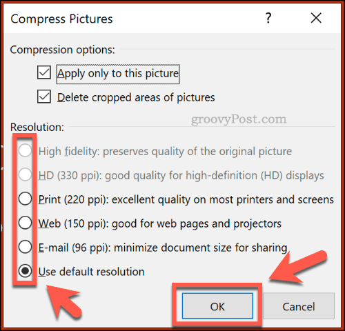 Options de compression des images dans PowerPoint
