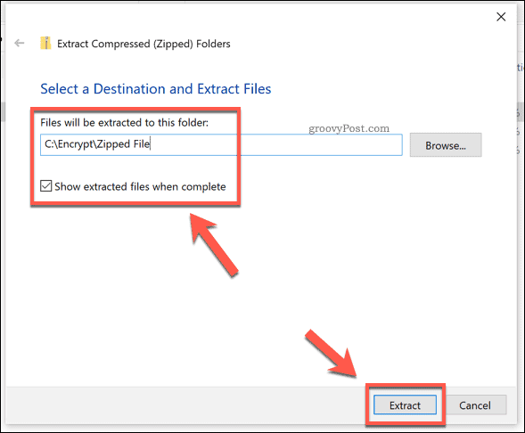 Les options d'extraction pour un fichier zip Windows