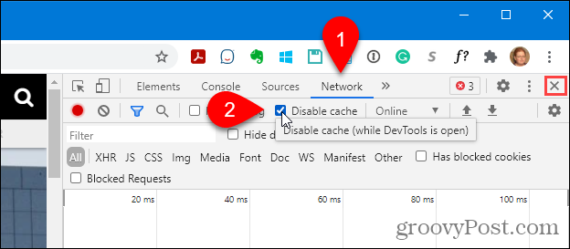 Sélectionnez Désactiver le cache dans les outils de développement de Chrome