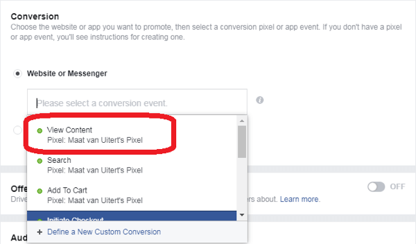 Si vous avez sélectionné Conversions comme objectif publicitaire de Facebook Messenger, choisissez un événement de conversion.