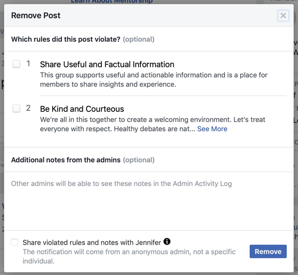 Comment améliorer la communauté de votre groupe Facebook, exemple d'option Facebook pour identifier la (les) règle (s) une publication violée, ainsi que l'option pour avertir le membre