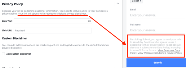 Exemple de politique de confidentialité incluse dans les options d'une campagne de lead ad Facebook.