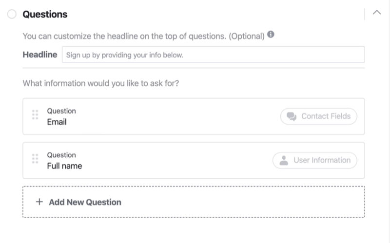 Section Questions du processus de configuration du formulaire de prospect Facebook