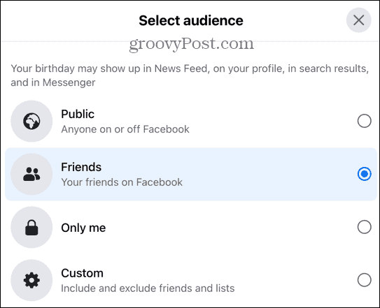 options d'audience Facebook
