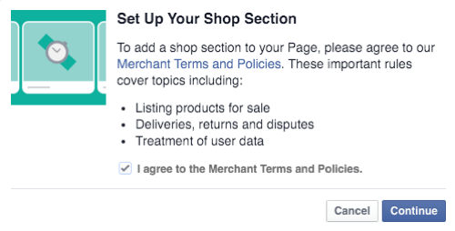 acceptez les conditions et politiques des marchands de la boutique Facebook et continuez