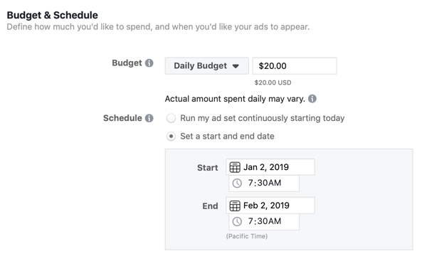 Options de budget et de calendrier pour une campagne publicitaire Facebook.