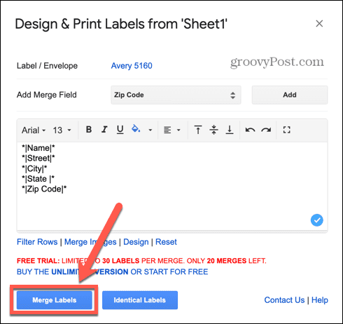 Google Sheets fusionne les étiquettes