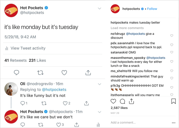 Publication Instagram de Hot Pockets avec un humour étrange.