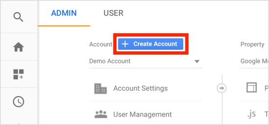 Dans l'onglet Admin de votre compte Google Analytics, cliquez sur Créer un compte.