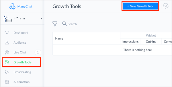 Dans ManyChat, sélectionnez Outils de croissance sur la gauche et cliquez sur le bouton + Nouvel outil de croissance en haut à droite.