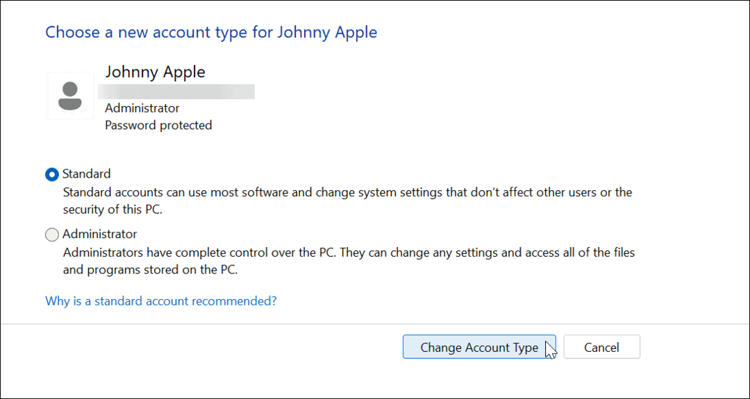 Changer le type de compte sur Windows 11