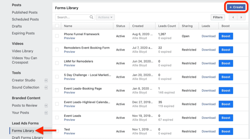 Menu des outils de publication du gestionnaire d'entreprise facebook avec bibliothèque de formulaires en surbrillance sous les formulaires d'annonces avec le bouton de création en surbrillance