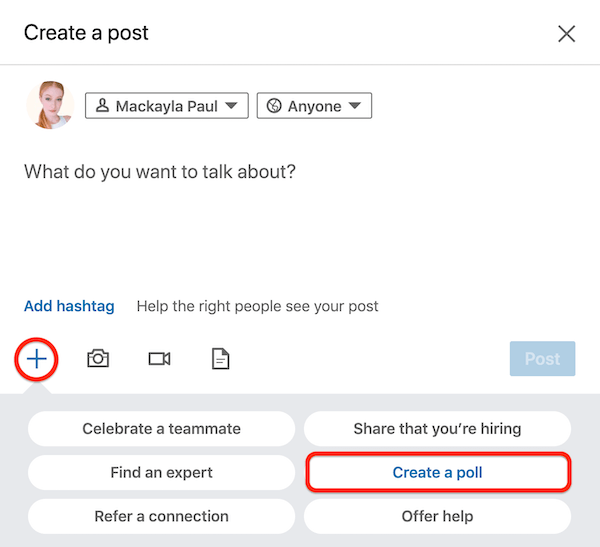 LinkedIn Créer une boîte de dialogue avec l'option Créer un sondage