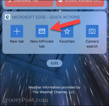 Appuyez sur Nouvel onglet InPrivate sur le widget Edge sur iOS