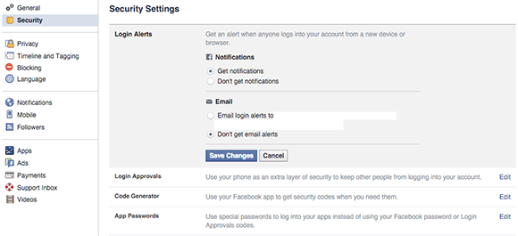 paramètres de notification de sécurité du bureau facebook