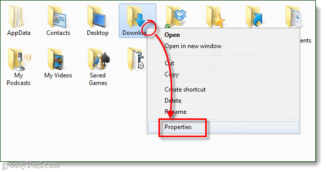 propriétés du dossier Windows pour les téléchargements