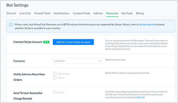 Molly Pittman dit que les paramètres du bot ManyChat vous permettent de connecter un compte Stripe.