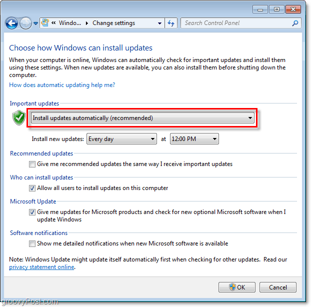 Windows 7 - Capture d'écran du menu de configuration de Windows Update