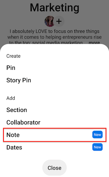 Capture d'écran mobile du tableau pinterest avec les options de menu créer / ajouter montrant l'option de note en surbrillance